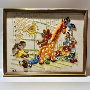 Vintage 1980 handmade crewel embroidered children’s wall art